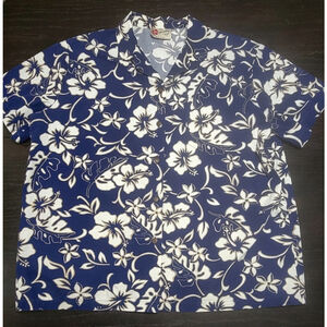 Hilo Hattie Large USA Made Hawaiian Aloha Shirt Blue White Floral 100% Cotton